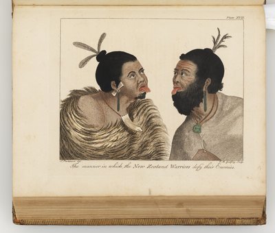 The Manner in Which the New Zealand Warriors Defy Their Enemies, Illustration from A Journal of a Voyage to the South Seas: In His Majesty